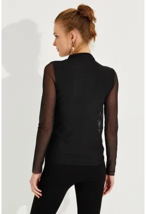 Kadın Siyah Büzgülü Drapeli Tül Bluz LPP1244