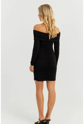 Kadın Siyah Büzgülü Madonna Mini Elbise MON1118