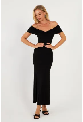 Kadın Siyah Büzgülü Midi Elbise DMR965