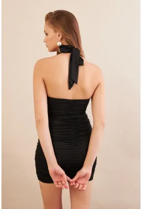 Kadın Siyah Büzgülü Mini Elbise DCF033-90