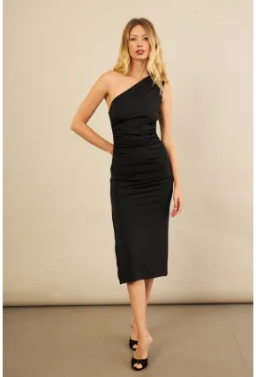 Kadın Siyah Büzgülü Tek Omuz Midi Elbise YEL221676
