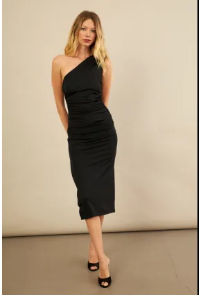 Kadın Siyah Büzgülü Tek Omuz Midi Elbise YEL221676