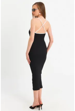 Kadın Siyah Çapraz Askılı Midi Elbise OR2452