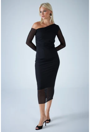 Kadın Siyah Çapraz Yaka Astarlı Midi Tül Elbise RSP1741