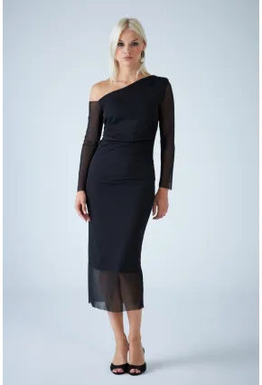 Kadın Siyah Çapraz Yaka Astarlı Midi Tül Elbise RSP1741