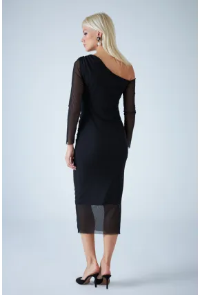 Kadın Siyah Çapraz Yaka Astarlı Midi Tül Elbise RSP1741