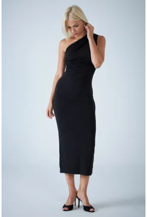Kadın Siyah Çapraz Yaka Midi Elbise ELN603