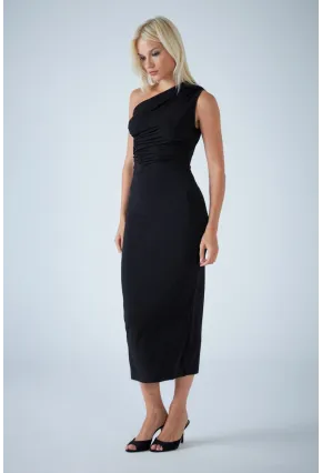 Kadın Siyah Çapraz Yaka Midi Elbise ELN603