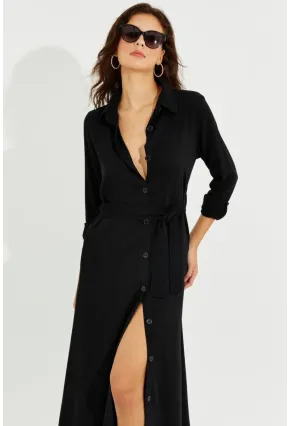 Kadın Siyah Cepli Gömlek Midi Elbise BK1683