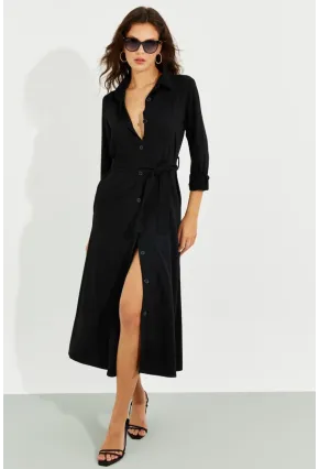Kadın Siyah Cepli Gömlek Midi Elbise BK1683