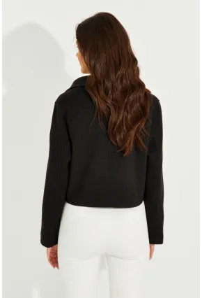 Kadın Siyah Cepli Kısa Kaşe Ceket TW50048