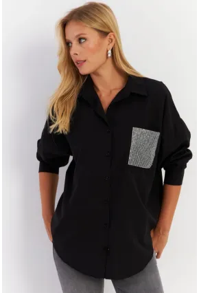 Kadın Siyah Cepli Taşlı Gömlek ZER414