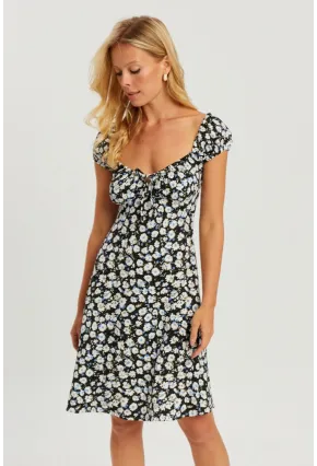 Kadın Siyah Çiçekli Mini Elbise GÇ165