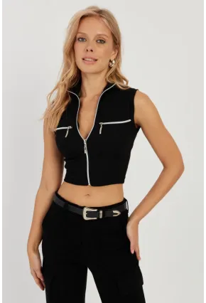 Kadın Siyah Çift Fermuarlı Kaşkorse Bluz EY2735