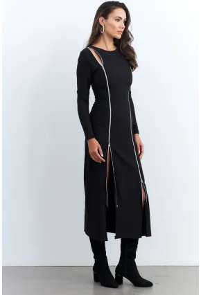 Kadın Siyah Çift Fermuarlı Maxi Elbise ELT4039