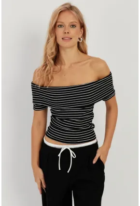 Kadın Siyah Çizgili Madonna Bluz YZ1001