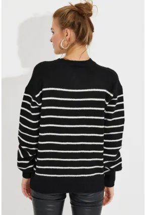 Kadın Siyah Çizgili Triko Kazak SMT219