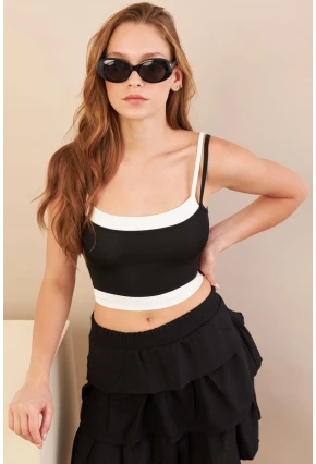 Kadın Siyah Color Block Askılı Crop Bluz AN8082