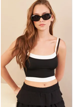 Kadın Siyah Color Block Askılı Crop Bluz AN8082