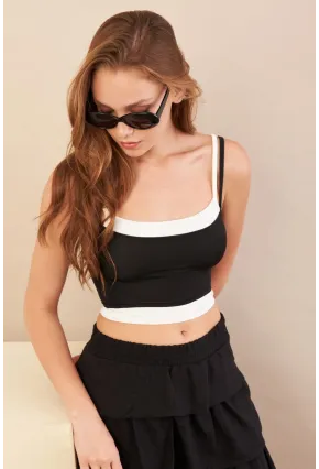 Kadın Siyah Color Block Askılı Crop Bluz AN8082