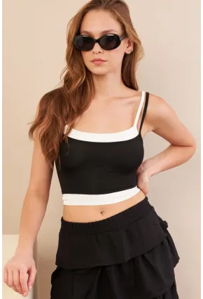 Kadın Siyah Color Block Askılı Crop Bluz AN8082