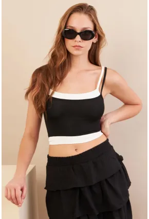 Kadın Siyah Color Block Askılı Crop Bluz AN8082