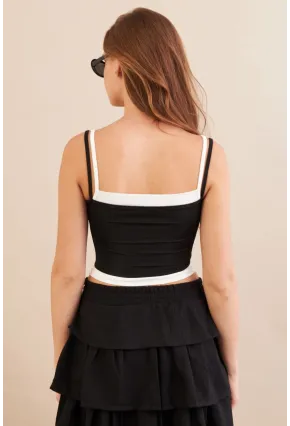 Kadın Siyah Color Block Askılı Crop Bluz AN8082