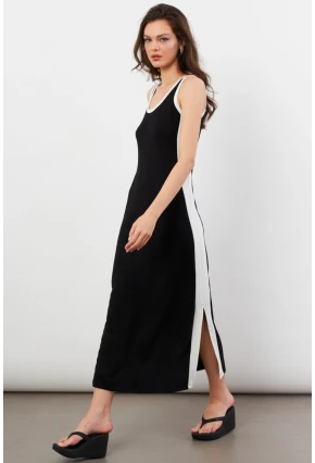 Kadın Siyah Color Block Yırtmaçlı Midi Elbise UG105