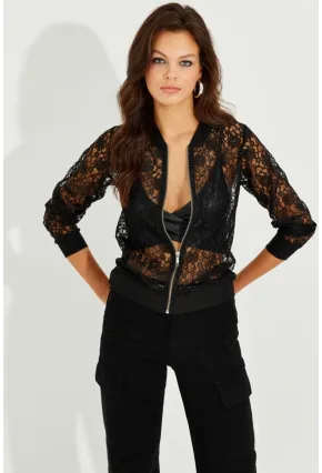 Kadın Siyah Dantelli Fermuarlı Bomber Ceket ST823