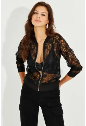 Kadın Siyah Dantelli Fermuarlı Bomber Ceket ST823