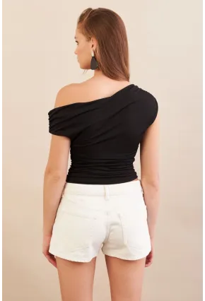 Kadın Siyah Degaje Yaka Büzgülü Bluz FRY2320