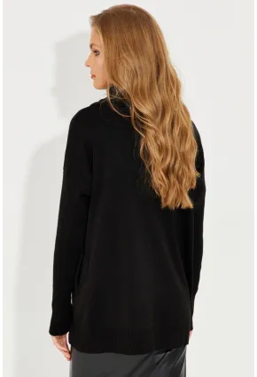 Kadın Siyah Degaje Yaka Cepli Triko Kazak YZ519