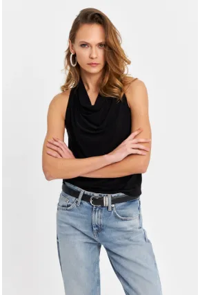 Kadın Siyah Degaje Yaka Kolsuz Bluz LPP1226-90