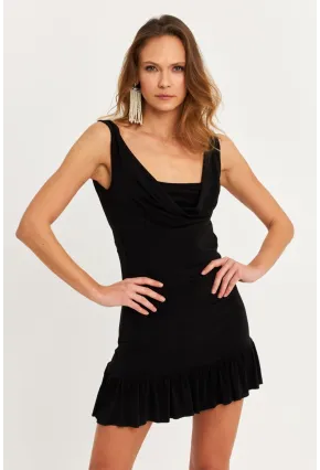 Kadın Siyah Degaje Yaka Mini Elbise HOR0078