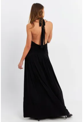 Kadın Siyah Derin Yırtmaçlı Büzgülü Midi Elbise B6008