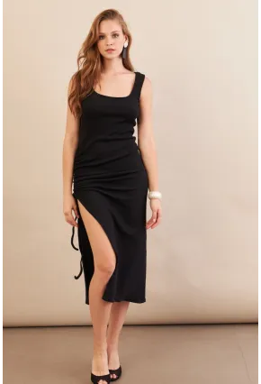 Kadın Siyah Drapeli Midaxi Kaşkorse Elbise EY3112