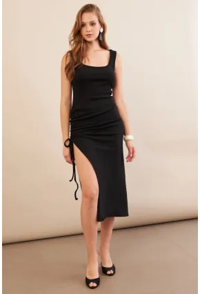 Kadın Siyah Drapeli Midaxi Kaşkorse Elbise EY3112