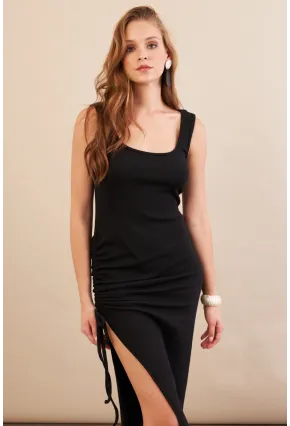 Kadın Siyah Drapeli Midaxi Kaşkorse Elbise EY3112