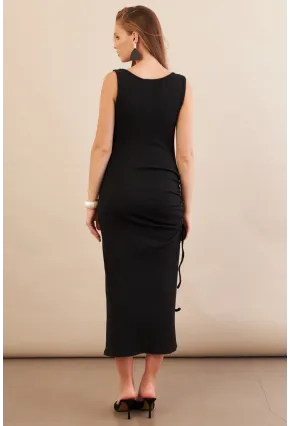 Kadın Siyah Drapeli Midaxi Kaşkorse Elbise EY3112
