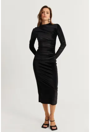 Kadın Siyah Drapeli Midi Elbise MON1113