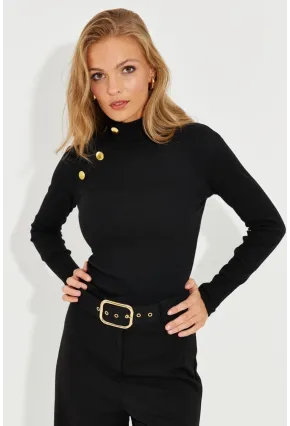 Kadın Siyah Düğme Aksesuarlı Kaşkorse Bluz EY2579