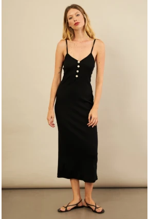 Kadın Siyah Düğme Detaylı Kaşkorse Midi Elbise EY3122