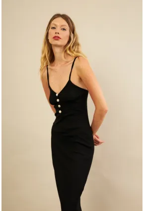 Kadın Siyah Düğme Detaylı Kaşkorse Midi Elbise EY3122