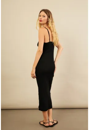 Kadın Siyah Düğme Detaylı Kaşkorse Midi Elbise EY3122