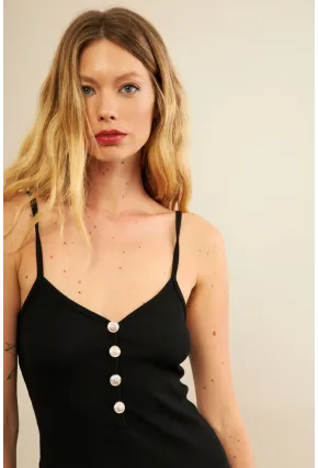 Kadın Siyah Düğme Detaylı Kaşkorse Midi Elbise EY3122