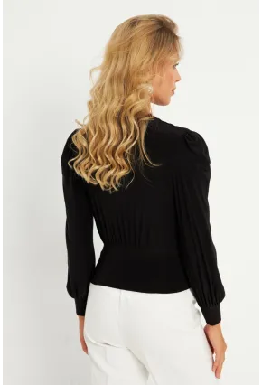 Kadın Siyah Düğme Detaylı Kruvaze Bluz ELT3188