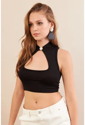 Kadın Siyah Düğme Detaylı Pencereli Bluz EY3110