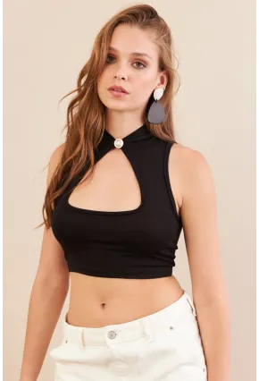 Kadın Siyah Düğme Detaylı Pencereli Bluz EY3110