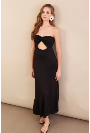 Kadın Siyah Düğümlü Pencereli Straplez Midi Elbise EY3109