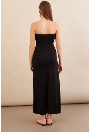 Kadın Siyah Düğümlü Pencereli Straplez Midi Elbise EY3109